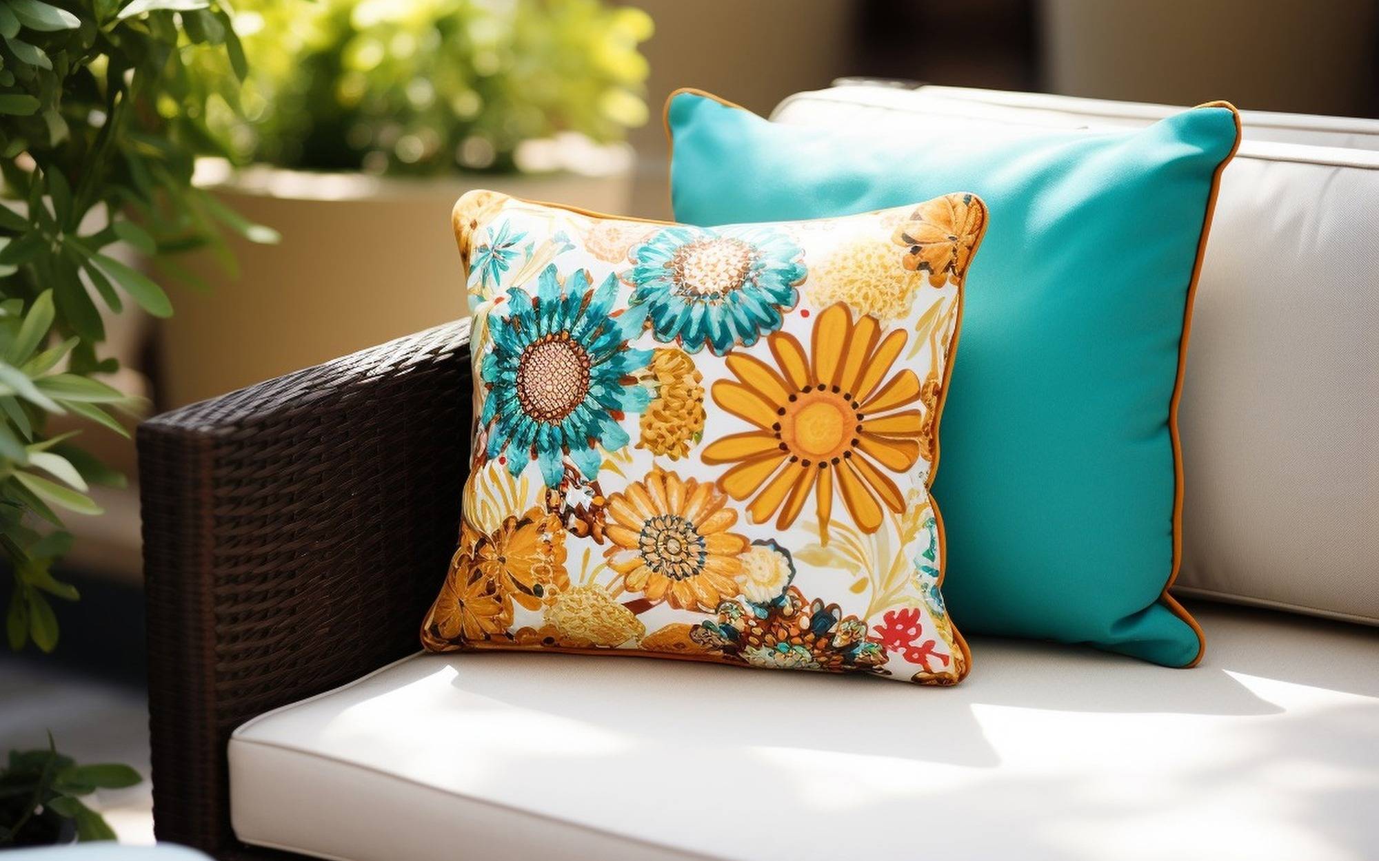 aqua and yellow flowered throw pillow with bright aqua pillow on a brown wicker upholstered patio chair